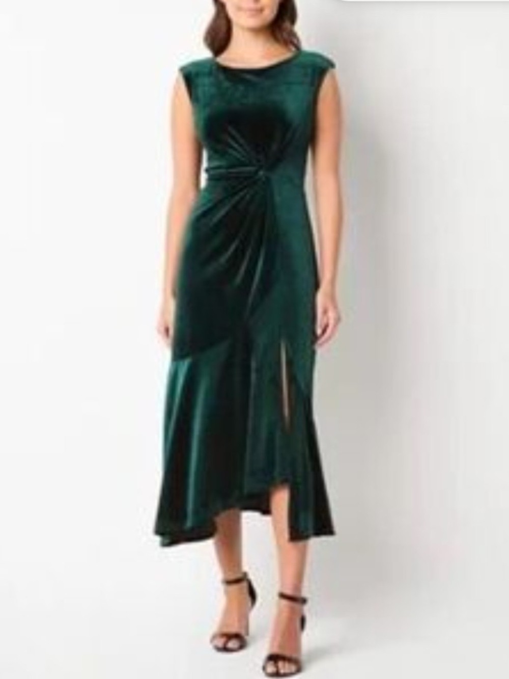 Sleeveless Emerald Green Velvet High-Low Twist Midi Dress